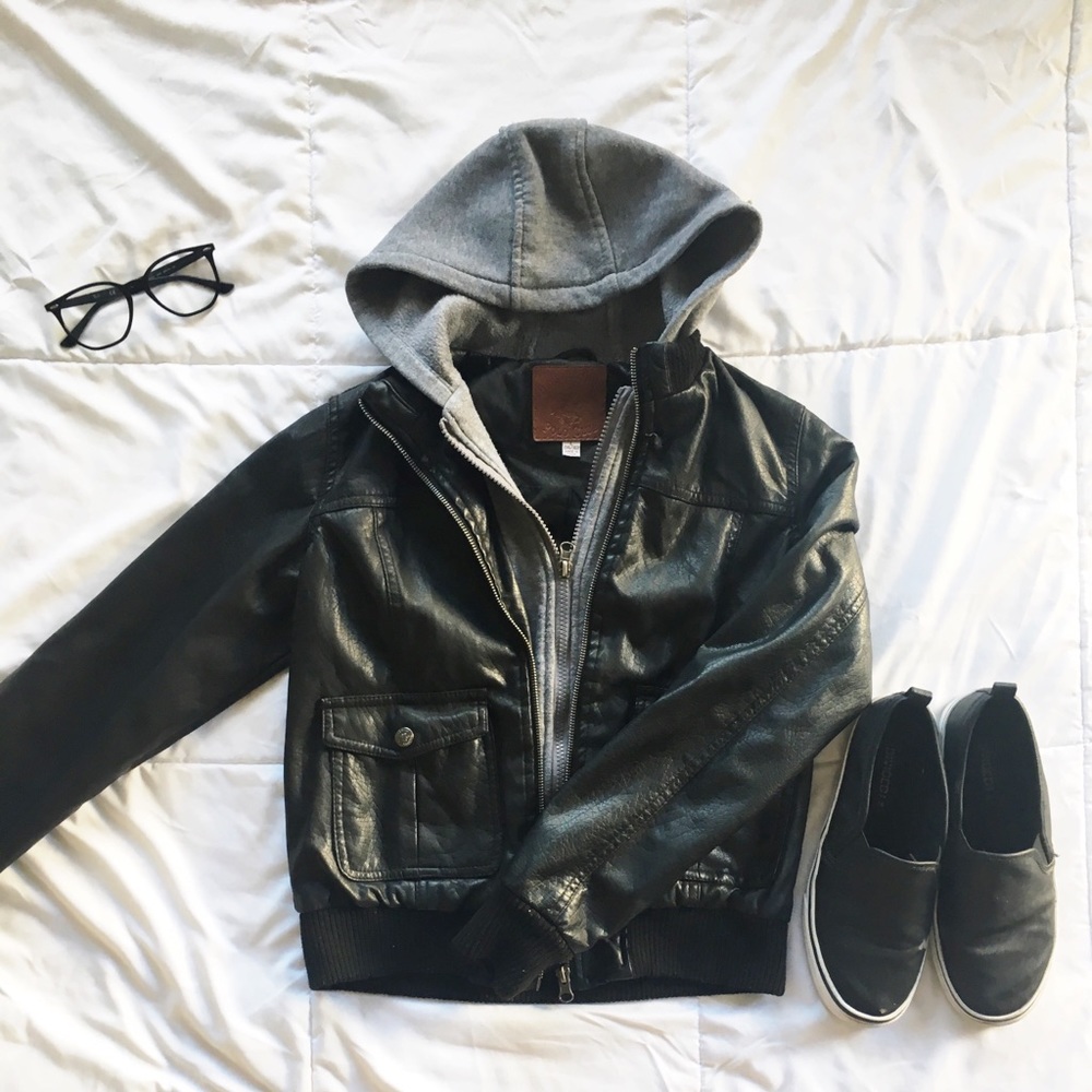 Hooded leather jacket.